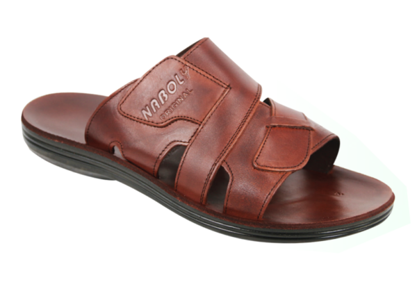 NABOLY Model 130-2 wide-strap cutout slide sandal in brown